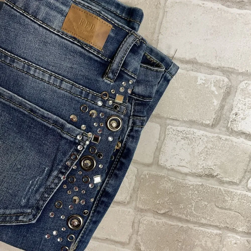 NWT Denim Couture Red Embellished Blue Skinny Jeans Size 5